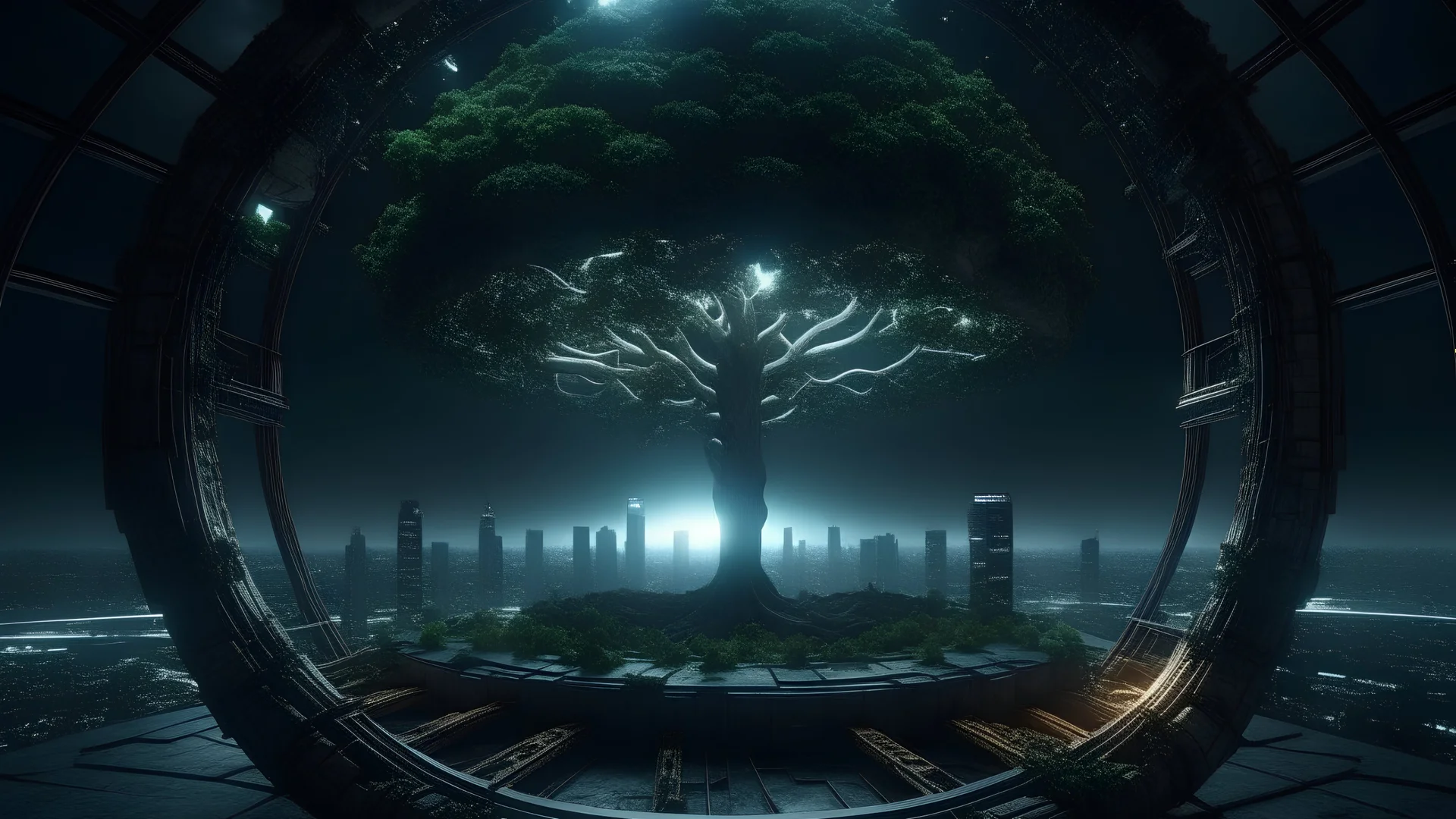 the last tree, city of the future year 4222, portal to space, very realistic, 4K