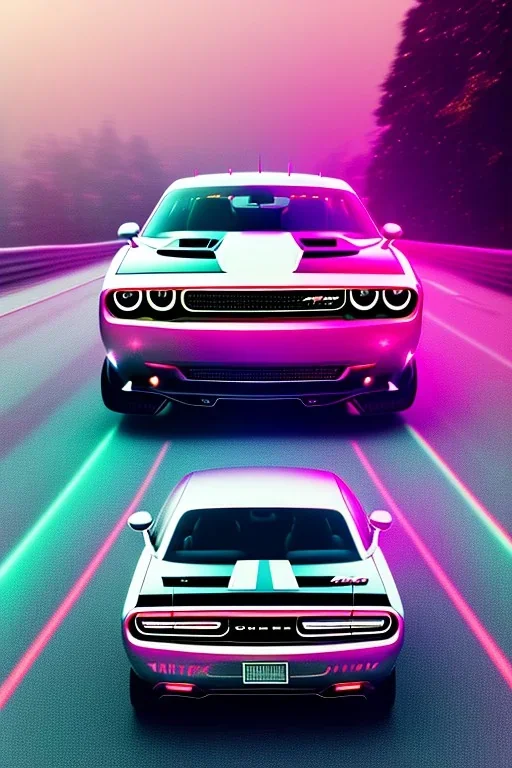 schönes foto von einem chromlackierten dodge challenger in heckansicht der auf einem highway richtung horizont fährt,miami vice, miami, neon ligths,chrome, synthwave, retro, high detailed,unreal engine, octane render, photo realistic, viele palmen,