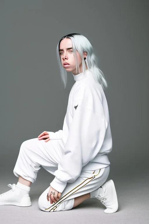 Billie Eilish, kneeling, underpants, white socks, rear view, pale skin, high detail, realistic, 8k, not to be distinguished from a photo