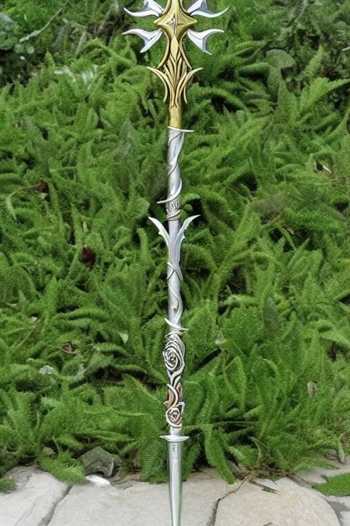 A large silver and Gold spear weapon covered in rose's and thorns, realistic, fantasy,