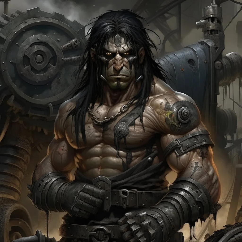 The large and furious black haired metalworker "Big K" grimdark realistic apocalypse survivor