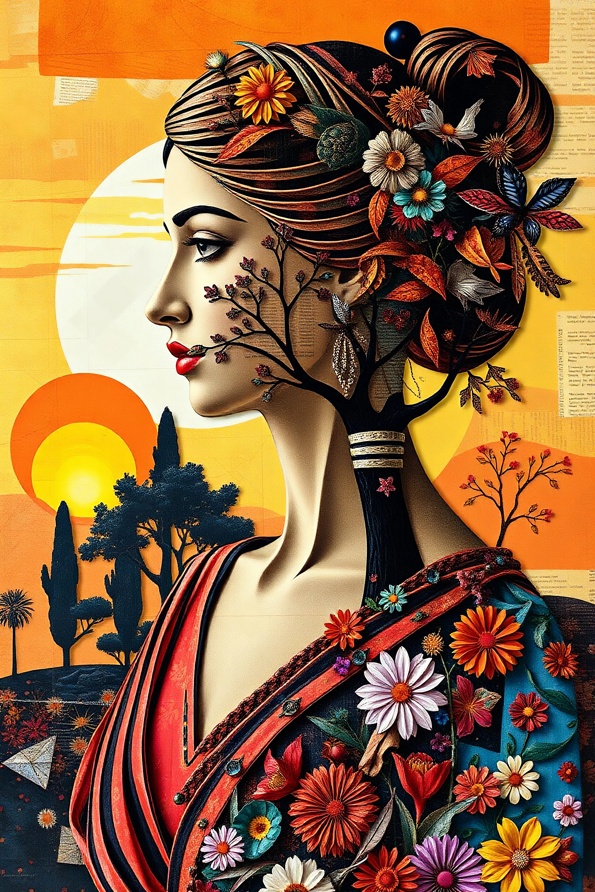 stylish abstract mondrian style feat double exposure.3d silhoutte of greek woman wearable handycraft in aesthetic design, colorful, masterpiece, inspired by wlad safronov art style at shape with vibrant borneo sunset pattern ornate and collage of intricate fantasy art blend modern art, Surround complex cute borneo decoratif pieces with blend of organic elements oak trees,flowers petals,various abstract shape against newspaper clippings, paper layers,colorful