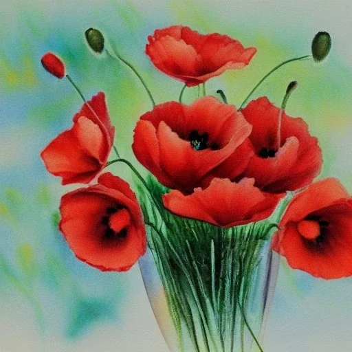 Red poppies in a crystal vase, aquarelle painting