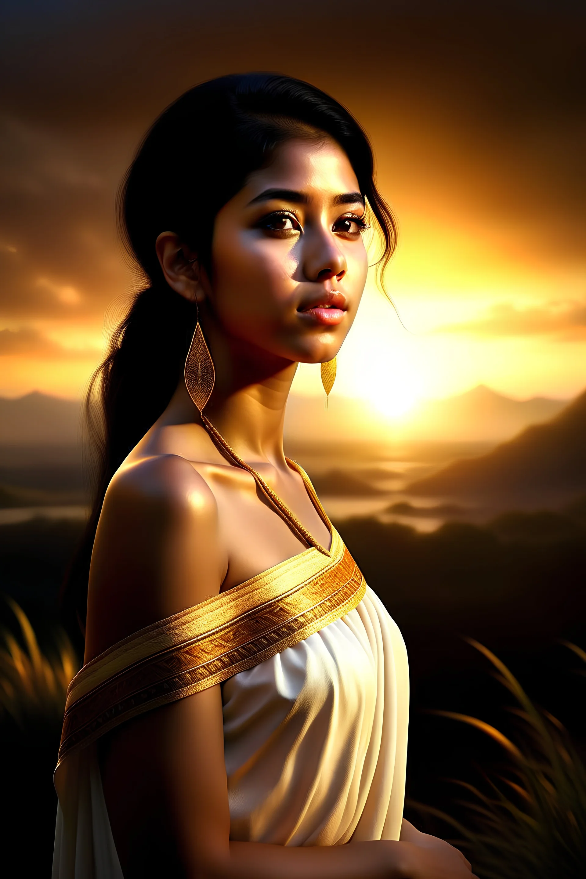 Digital art, high quality, digital masterpiece, natural illumination, spotlight, realistic, film style, sunset illumination, beautiful, (full body:3), moonlight, (1 beautiful peruvian young girl walking, wearing a Peruvian dress:3), (cute femenine face:1.8), (sexy eyes:1), tan skin, (White Peruvian dress:3), (black hair, braided:1.8), (Ancient Peruvian Temple at background:1.2), (Inca Peruvian roads:1.5)