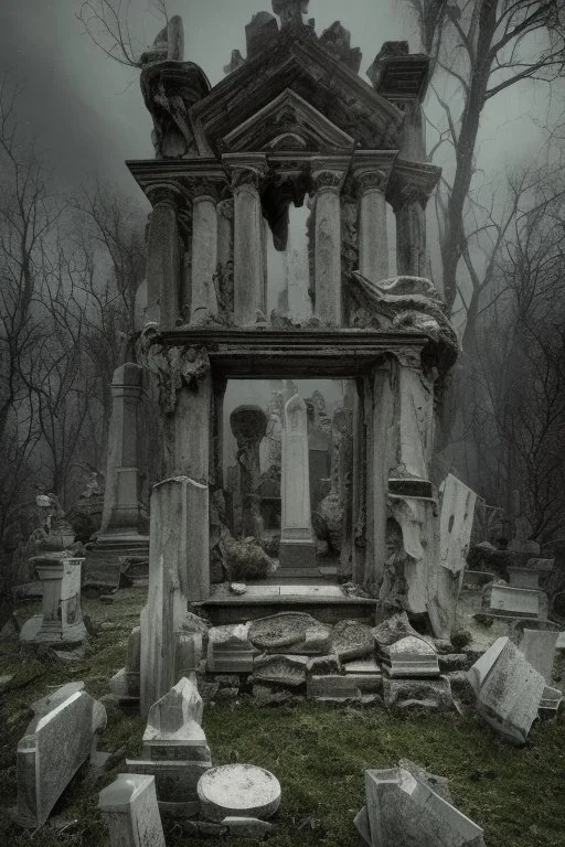 Step into the ethereal realm of an ancient graveyard, where time stands still and spirits linger. Broken tombstones, weathered by the passage of centuries, bear witness to forgotten lives. Hauntingly beautiful, the scene captures the eerie allure of the afterlife, with ghosts shrouded in the shadows, whispering secrets lost to time.Dark and Surreal Impressionism.