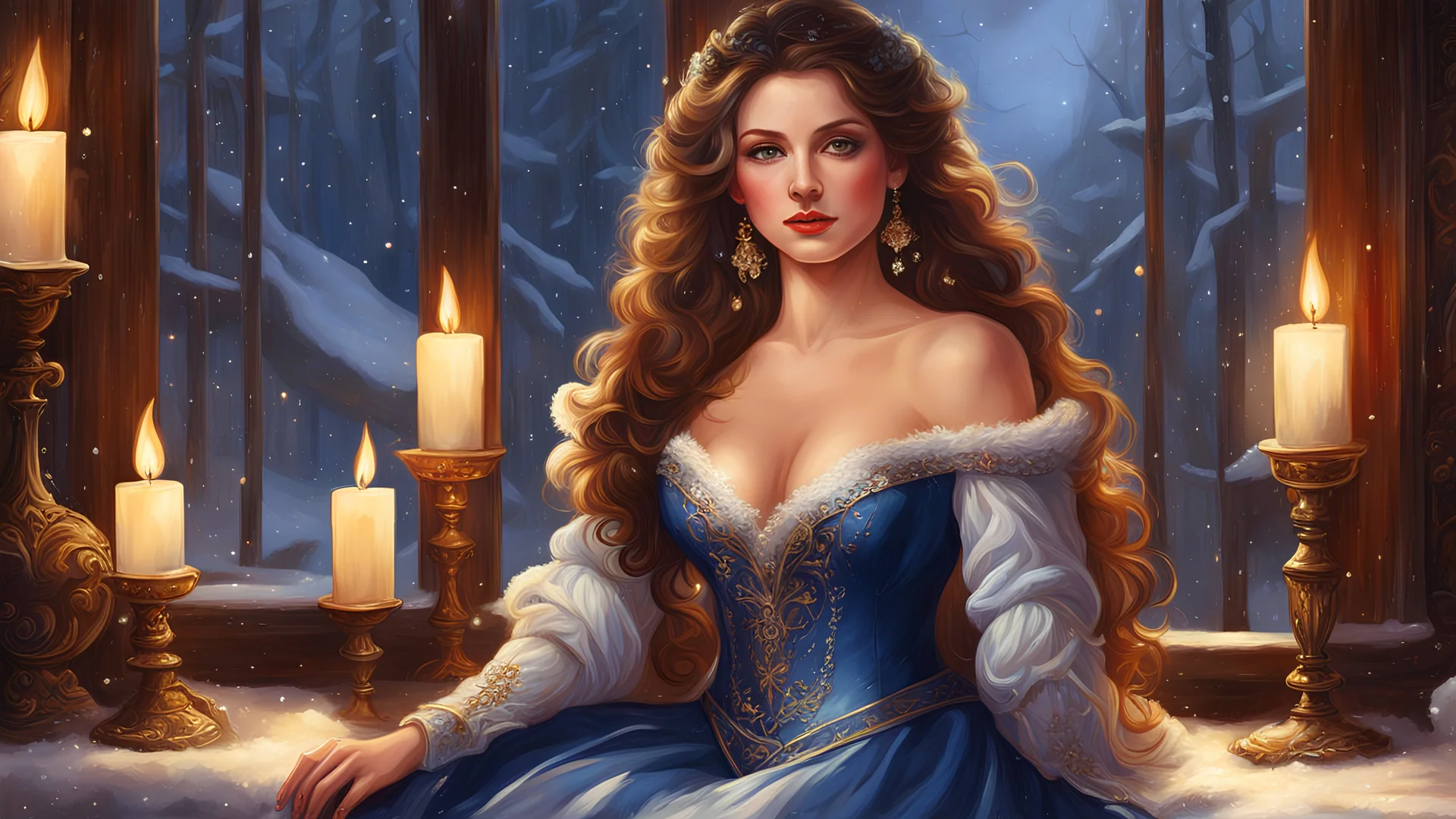 winter, pltn style, (1woman, russian), (medium full shot), (sitting:1.1) romanticism, oil painting, fantasy heroines, attractive, tanned skin, wavy hair, high detail, necklines, flirty look, bar lighting, sharp focus, reduced light, worn outfit, fantasy setting, high detail