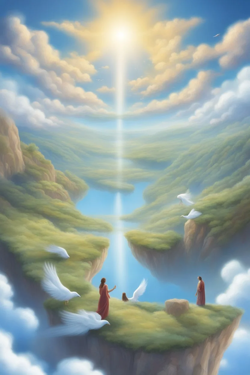 The creation of the world by God. In front of us is a valley with a beautiful landscape, where beautiful animals roam, beautiful birds fly in the sky, beautiful clouds and God in the clouds