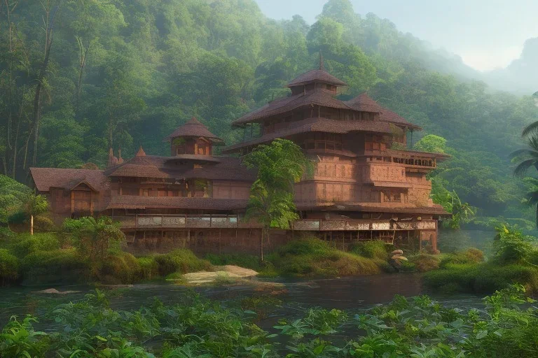 huge old Konkan house, in the forest, lake, misty, hyper-realistic, hyperdetailed, high-octane render