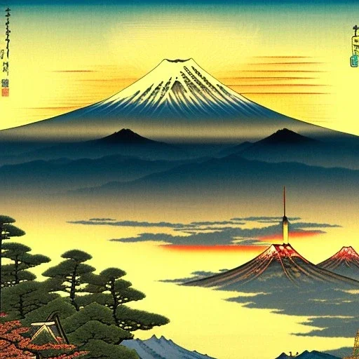 Ukiyo-e painting of a mount fuji at sunset