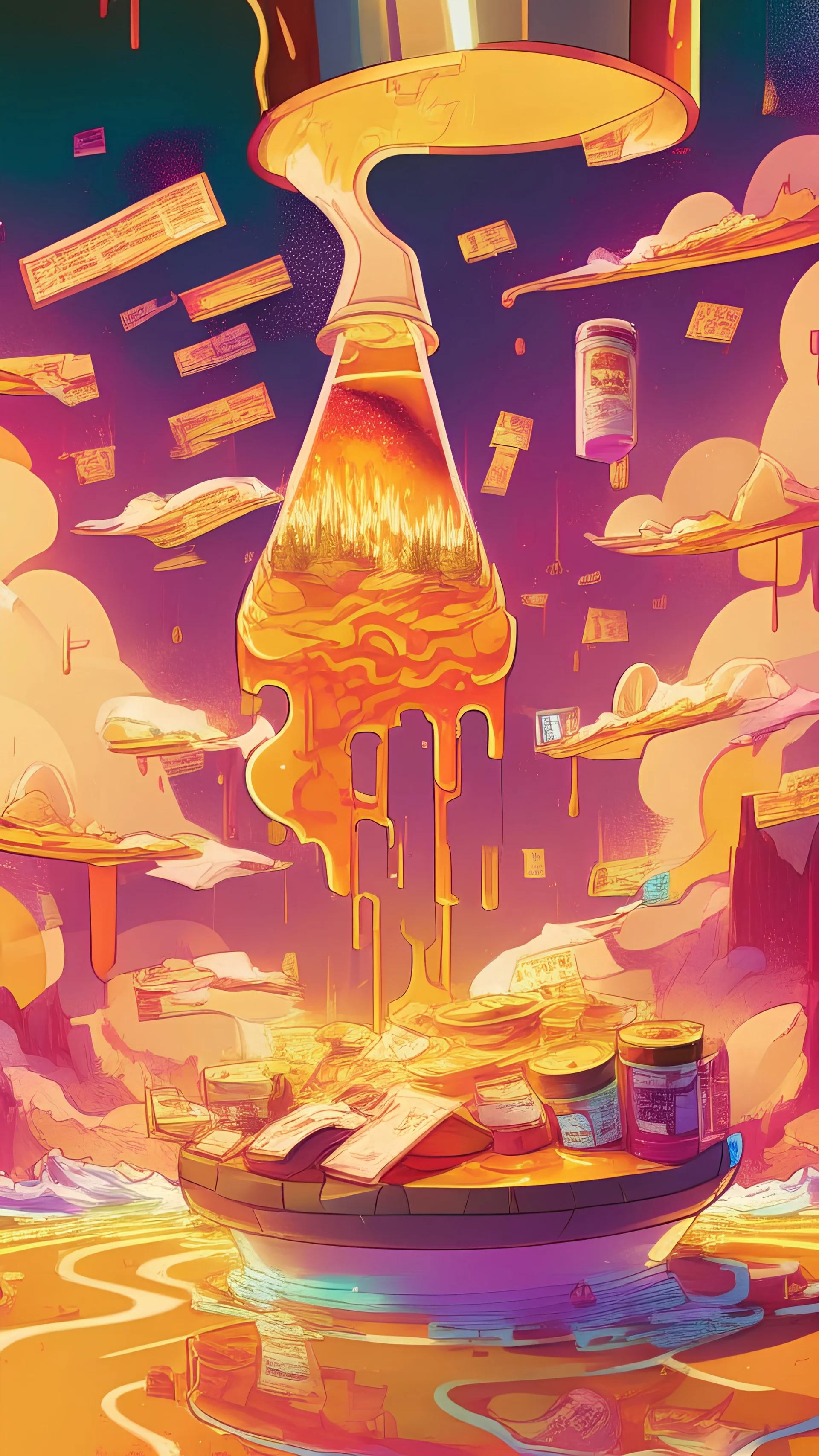 fantasy landscape of a crouton floating in a vat of swirling magical sauces like ketchup and mustard and mayo and bbq sauce, with financial market prices and investment charts glowing in the background, vibrant, comic book style, visual novel style, anime vibes, glowing, various empty bottles, stock market charts, detailed