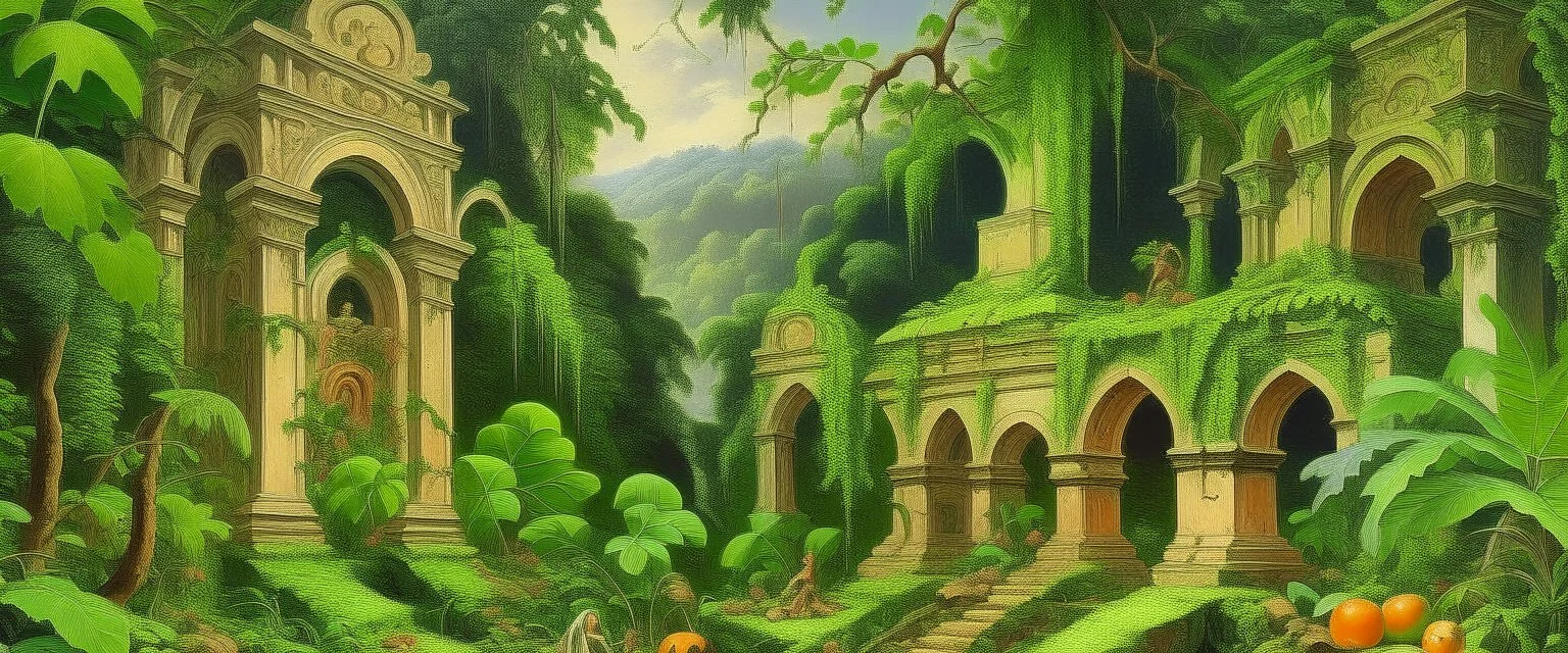 Ruins in a green jungle filled with fruit painted by Henry-Robert Brésil