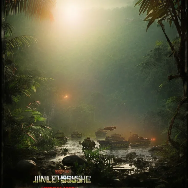 vietnam war. jungle. poster. bokeh. lens flare. warm lights. high detailed