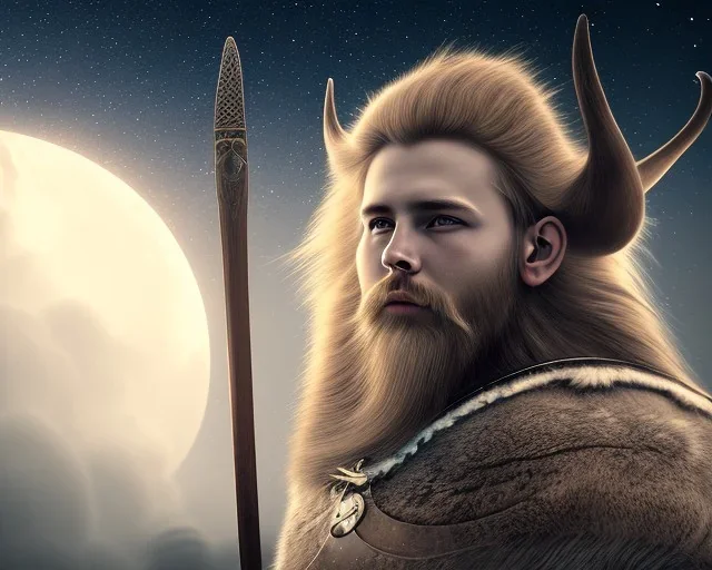 a sad and lonely viking looking up at the stars at night, hyper realistic, 8k, insane detail, atmospheric background, crying eyes, big fur coat, long braided hair, sharp focus, soft background, dynamic lighting, viking helmet, night time