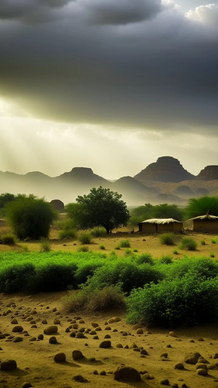 Sudan , kassala mountains, villages and huts , dim cloudy day