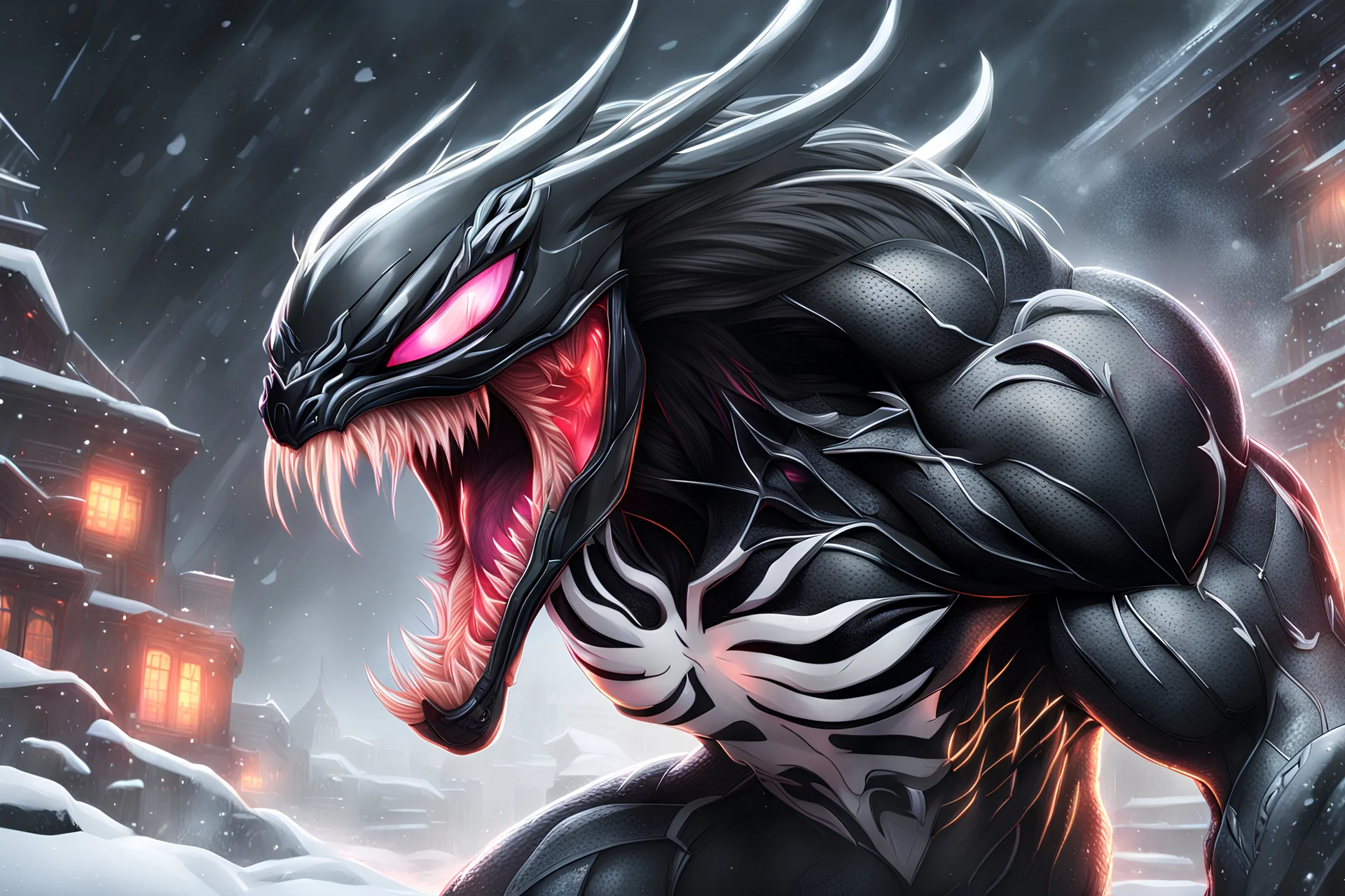 grendel 8k anime sci-art drawing style, venom them , neon effect, close picture, snow, apocalypse, intricate details, highly detailed, high details, detailed portrait, masterpiece,ultra detailed, ultra quality