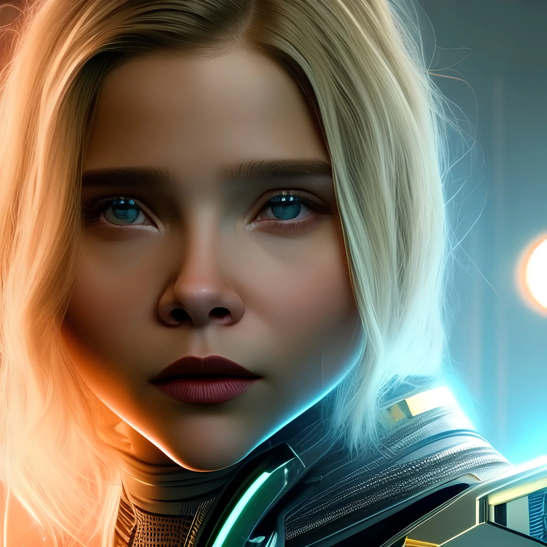 Actress , sci-fi, cyber punk , Chloe grace Moretz , golden hour, circuitry