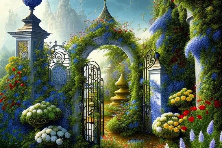 intricate ornate gate, garden, path, flowers, fine detail, acrylic paint, Surrealism