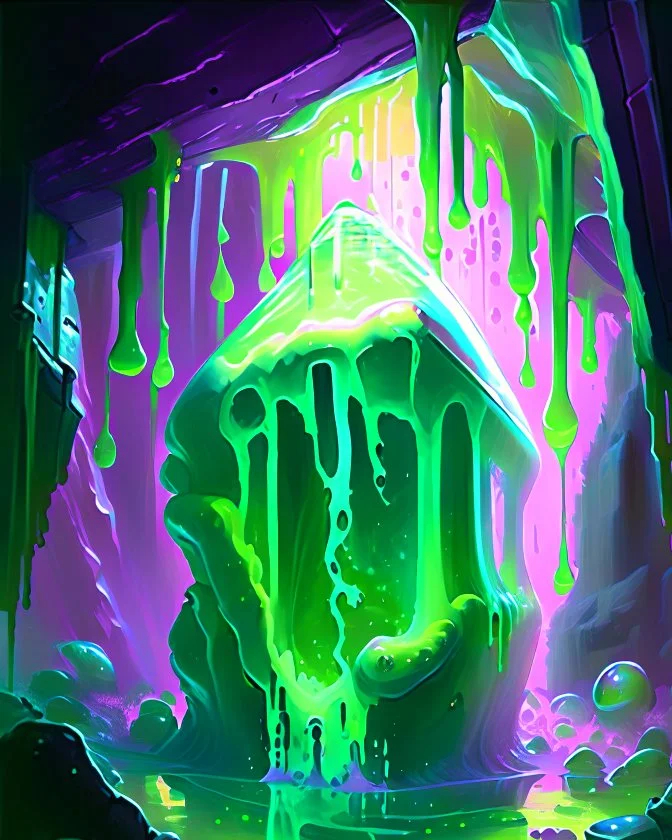 a slimy dripping gelatinous cube in vast cavern room painterly