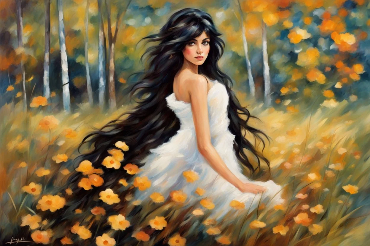 an irresistibly adorable image of a whimsical brunette woman creature with black hair and hazel eyes. Envision a charming being with fluffy, onyx-colored fur or hair that frames its endearing face. in the blowing wind Leonid Afremov