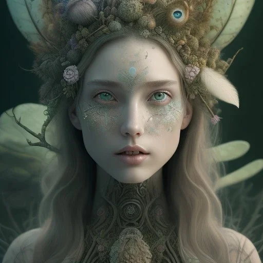 Portrait of beautiful girl, plant, metal, feathers, Dryad, fae, sidhe, ominous, nature, plants, wildflower, facepaint, dnd character portrait, intricate, oil on canvas, masterpiece, expert, insanely detailed, 4k resolution, retroanime style, cute big circular reflective eyes, cinematic smooth, intricate detail , soft smooth lighting, soft pastel colors, painted Renaissance style,bokeh,macro lens, 800mm lens