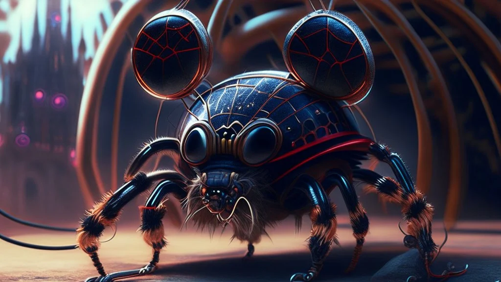 a spider mickey mouse hybrid, photorealism, movie screen capture, horror, sci-fi, retrofuturism,