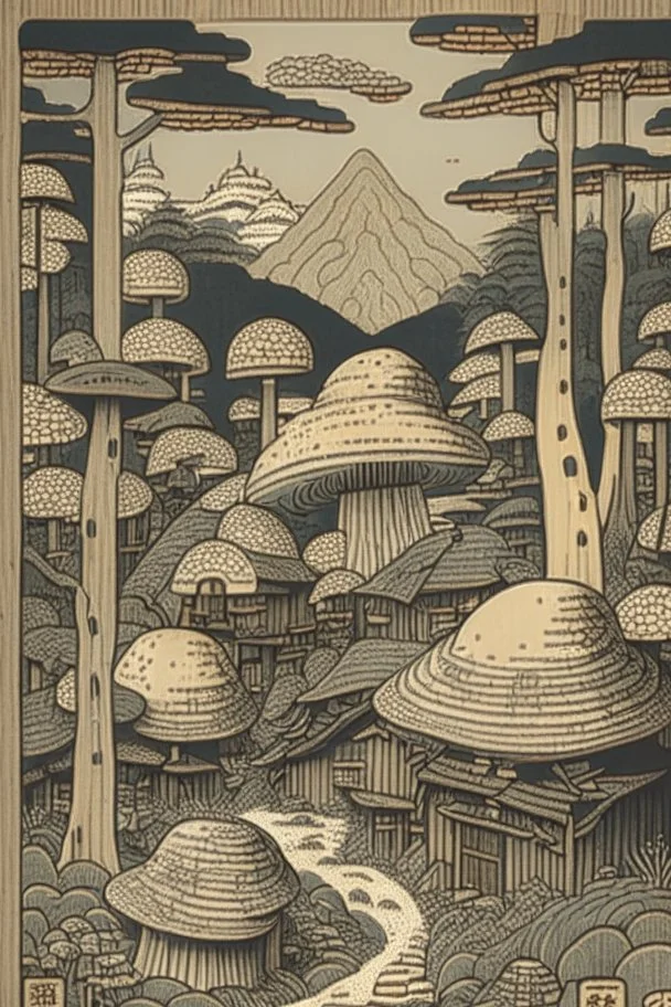 Mushroom village drawn in Japanese woodblock style