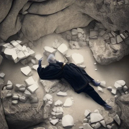 black-robed man sleeping on his back on a stone slab in a large cave