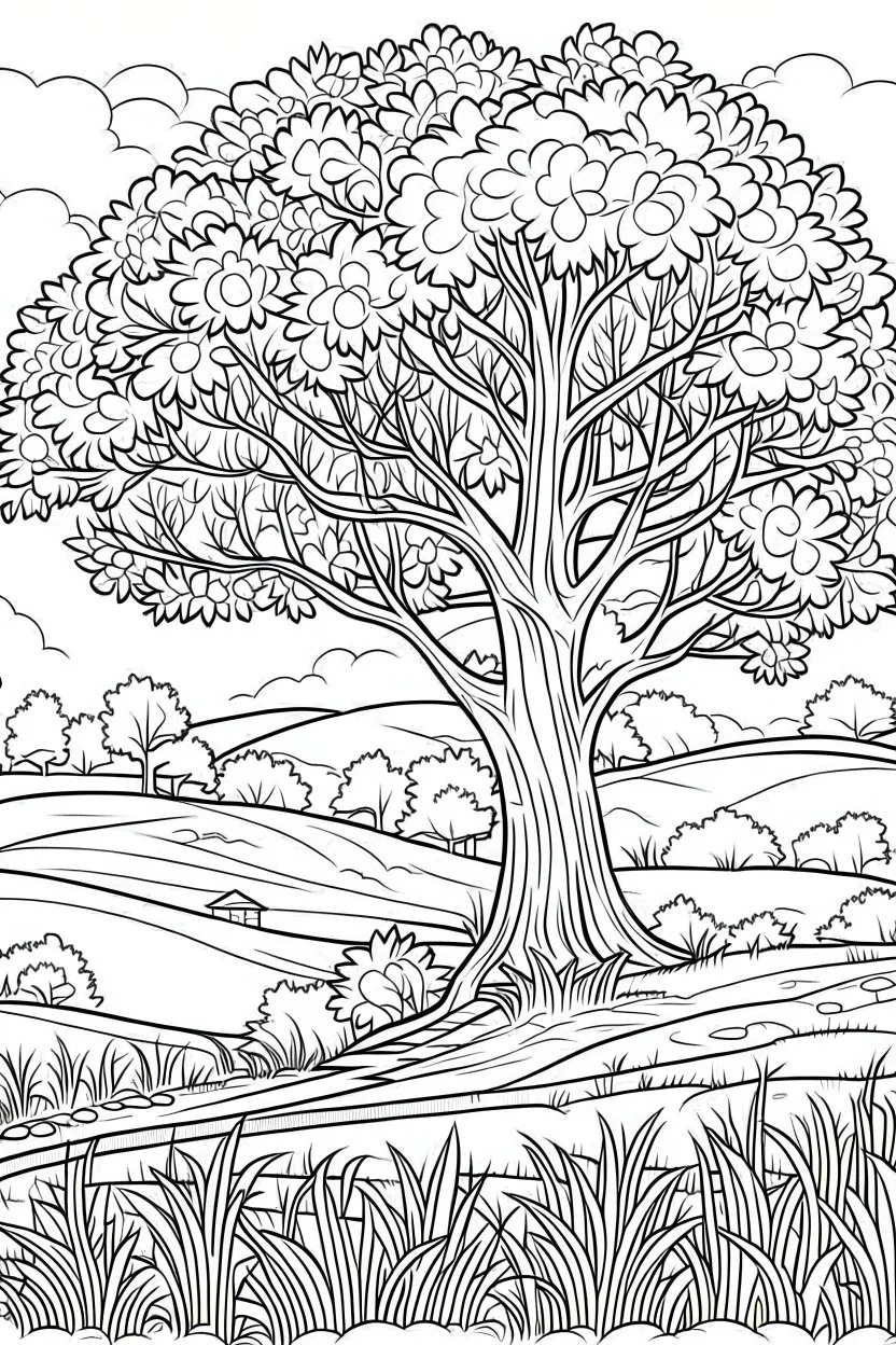 coloring page, tree in a meadow, cartoon style, thick lines, low detail, no shading