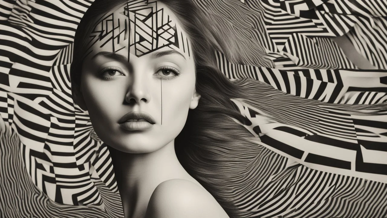 An abstract black and white image showing a person with their body patterned with geometric shapes and lines, creating a striking optical illusion effect.