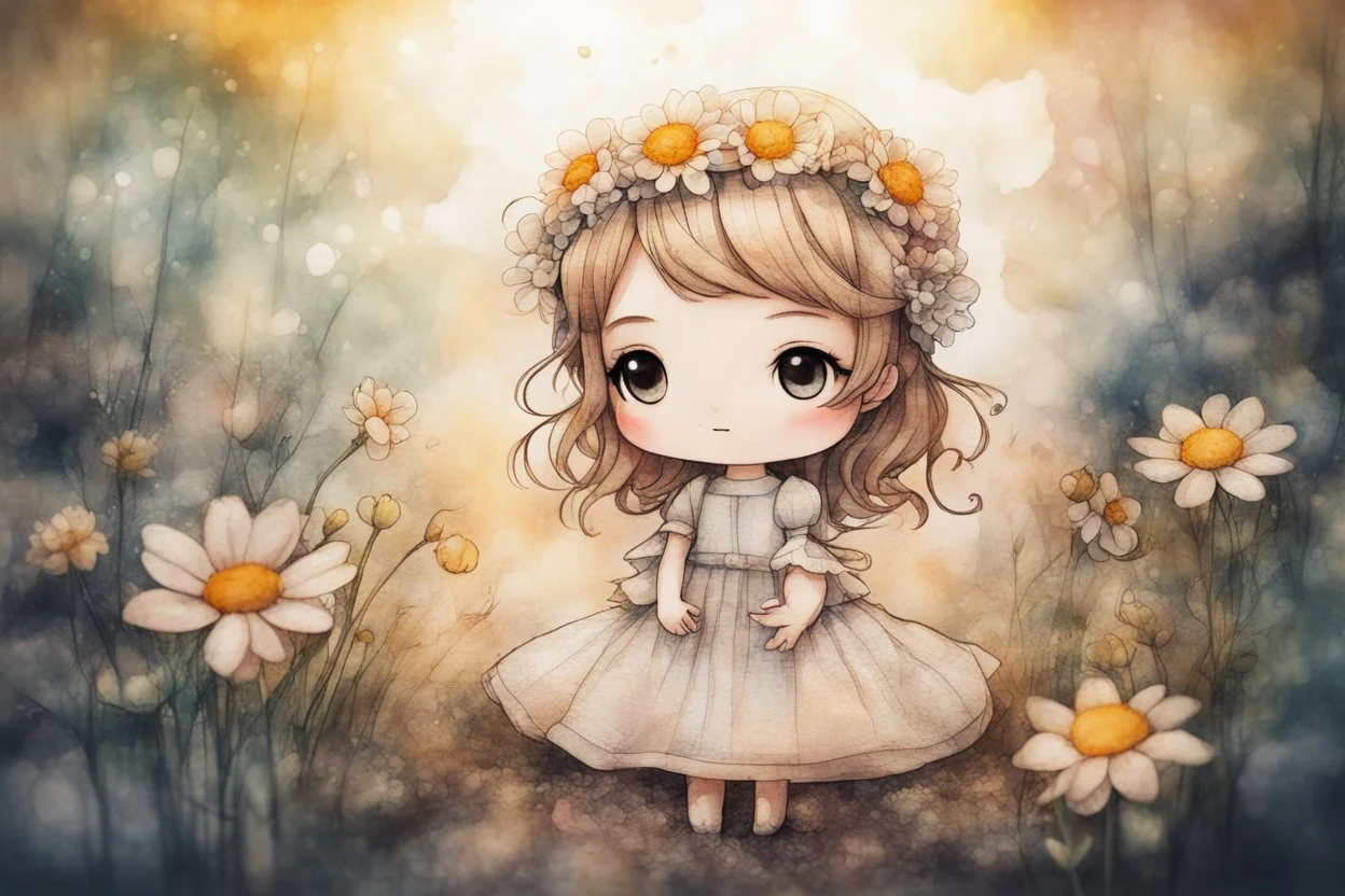 double exposure, merged layers, painted and burned burlap, cute chibi contented anime flower princess in a flowergarden, melting watercolor and black ink outlines on wet paper, soft, shading strokes, in sunshine, ethereal, otherwordly, cinematic postprocessing, bokeh, dof