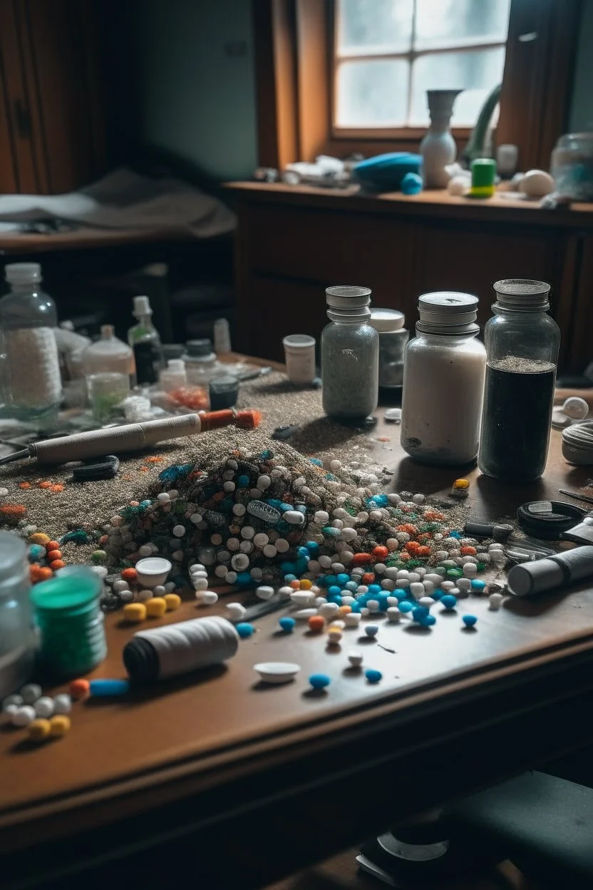 a room filled with pills, needles on a table