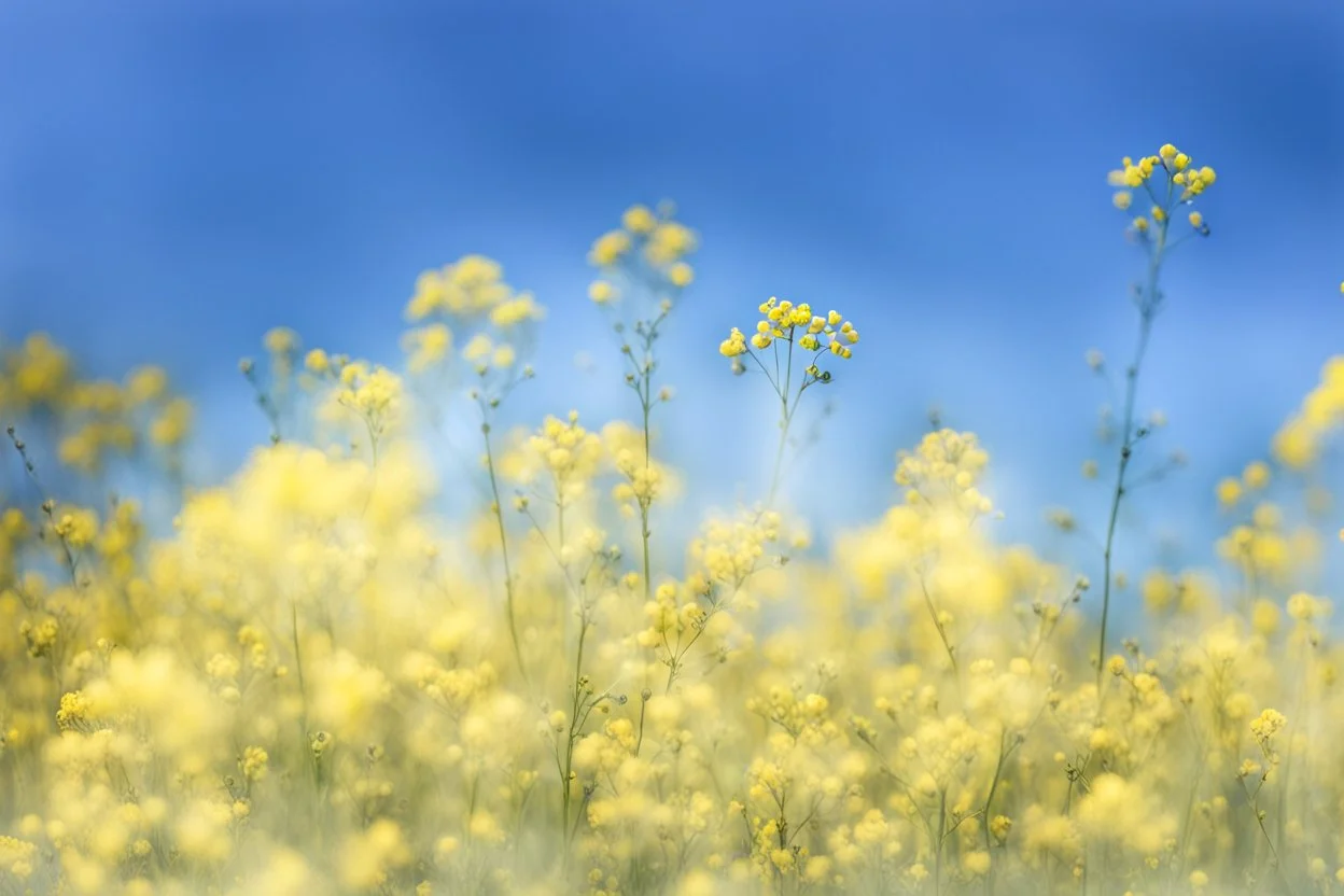 bottom is detailed canola flowers blooming with green stems, top is sky, photography,