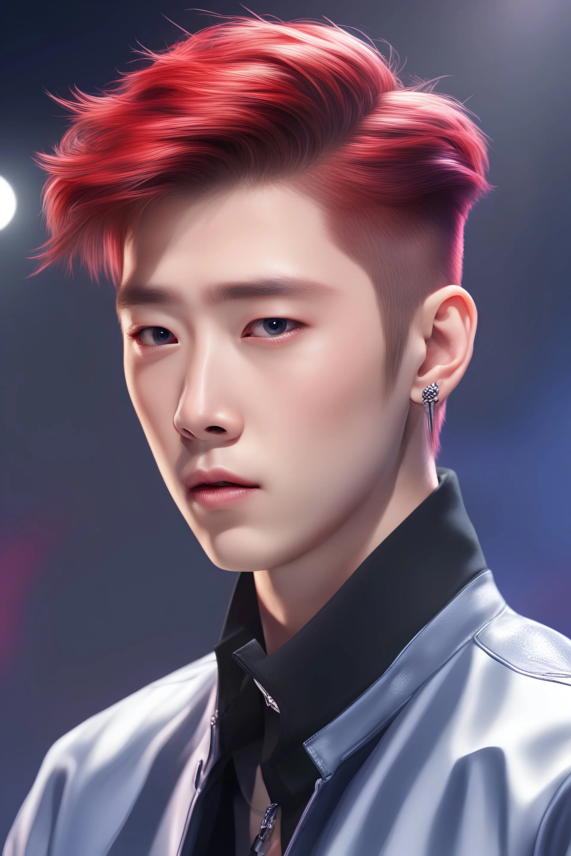 gen 1men,Eric\(The boyz\),stage on the background,kpop show,short red hair,Korean idol,Korean singer,on the stage,styled hair,pulled back hair,highly detailed, digital painting, HDRI, masterpiece, smooth, professional photo,detailed face,with microphone,hair in a ponytail.