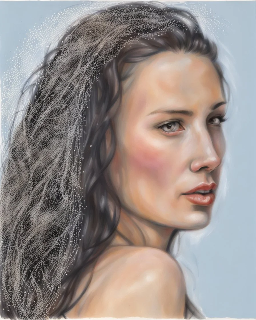 dibujo en grafito realista de rostro mujer 35 años pelo negro suelto labios definidos,gira cabeza, tres cuartos perfil mira al atras sonrie leve