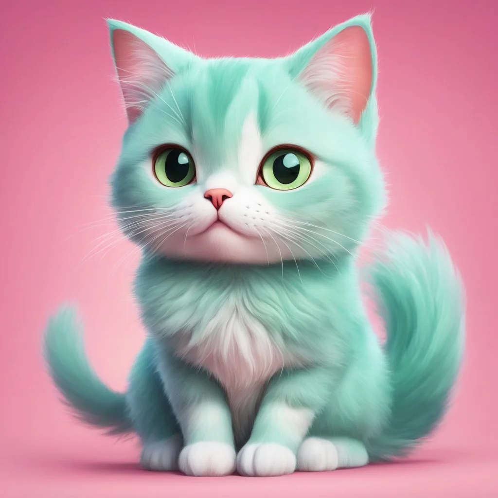 A delightful and adorable cartoon illustration featuring a cute mint-colored cat against a charming pink background, (delightful illustration:1.4), (adorable cartoon cat:1.5), (charming pink background:1.3), (expressive mint hues:1.2), inspired by the styles of cute cartoon artists, trending on ArtStation, Intricate, Sharp focus, vibrant lighting, (whimsical:1.4), (playful ambiance:1.3), (lush fur details:1.5), Cartoon, Masterful, Captivating, High Detail, Cinematic view