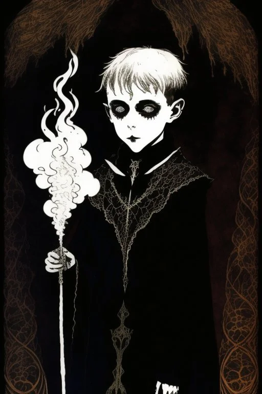 7 year old boy, necromancer, friendly, looks dead, surrounded by weird smoke with eyes, wearing black robes, in the style of Harry Clarke