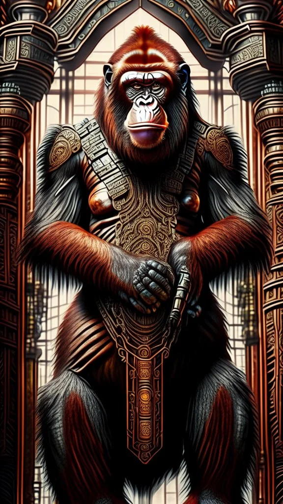 Orangutan Assassin Gothic symmetrical design standing on a few grandstands full frontal view full body full arms full legs hyper-detailed hyper-realistic ink art full legs 8k