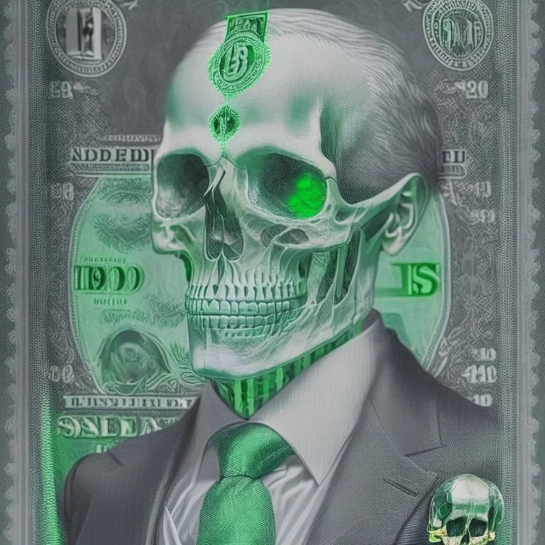 a head and shoulders portrait of a skeleton dressed in a three-piece suit as the president of the united states, based on us currency, united states one dollar bill, shades of green, real-life, colors match the united states one dollar bill, realistic, robotic, black and white