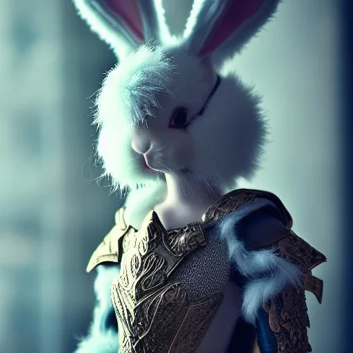 bunny, high ornamented light armor, fluffy fur, foggy, wet, stormy, 70mm, cinematic, highly detailed