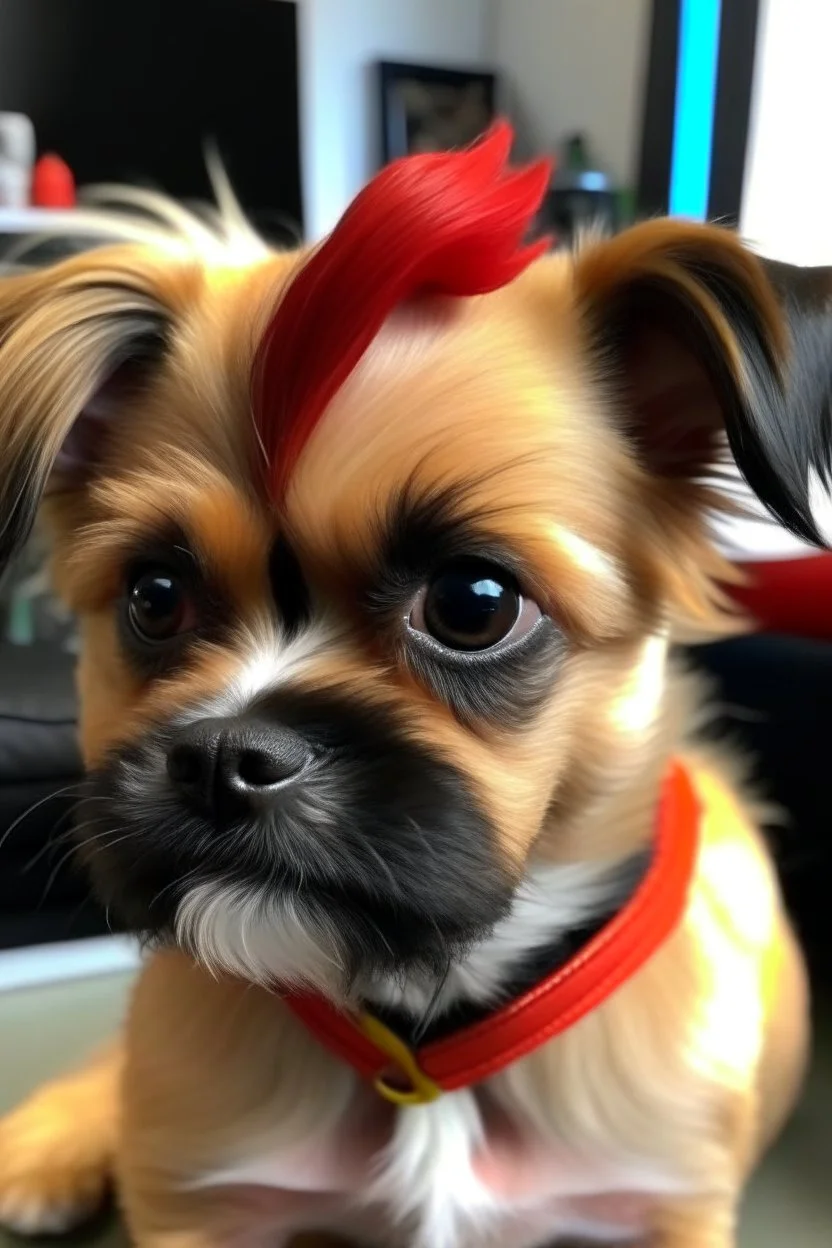 little dog , looks like a little bit of David Bowie , with a little red thunder strike tattoo on the right side of his face