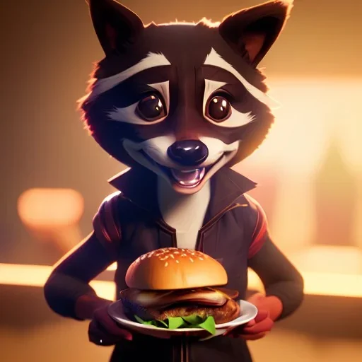 portrait of a anthropomorphic smiling raccoon holds a burger in its hands. unreal 5, octane render, cinema4d, soft lighting, soft lighting, 4k, redshift render, highly detailed, hyper realistic