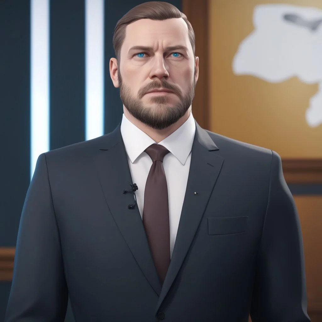 Portrait of a politician in a suit, white shirt, brown tie; short beard, very short bristly hair; white background; 3D style, overwatch, splatoon; paint splashes, very colourful; unreal engine; high detail realism