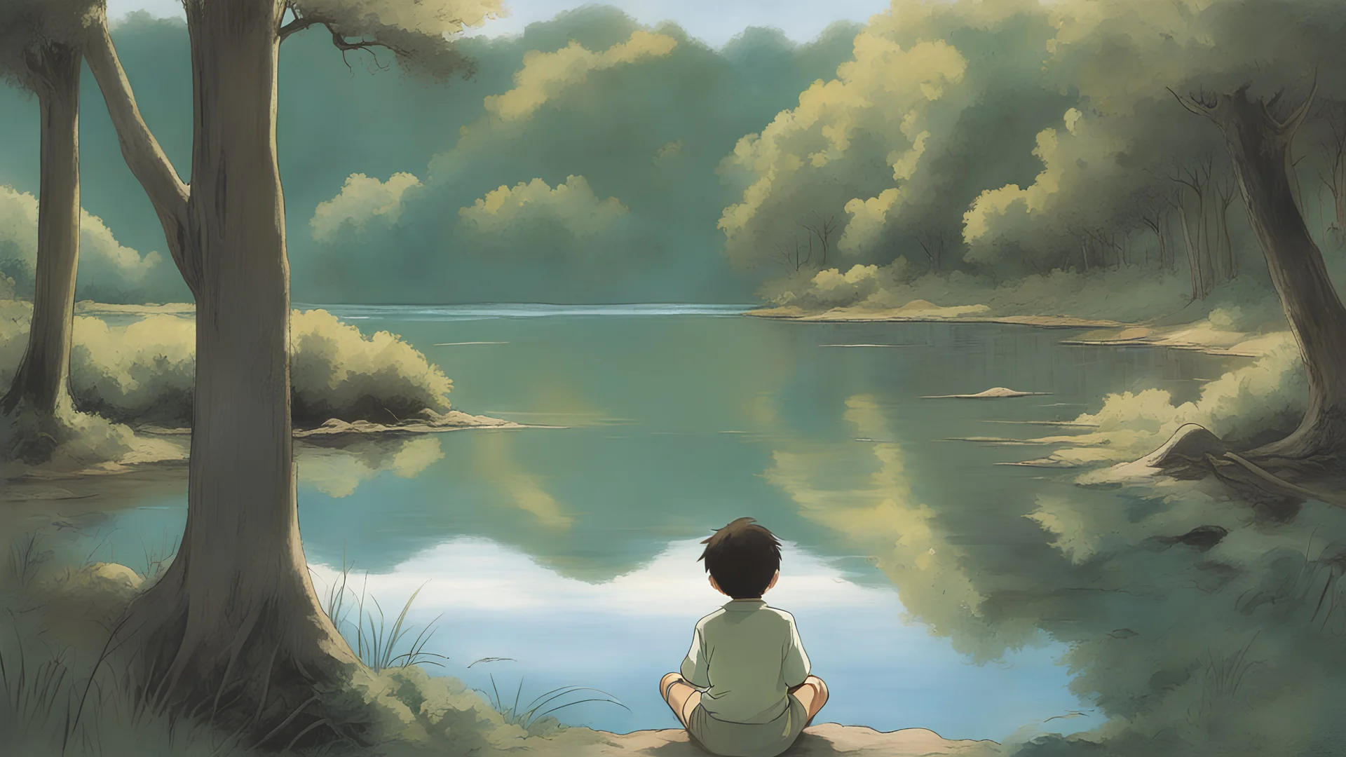 Capture the essence of enchantment as a boy sits by a magical lake, gazing into its depths. Illustrate the scene with the boy's reflection mirrored in the mystical waters, revealing glimpses of his future. Convey a sense of wonder and introspection in the boy's expression as he discovers the secrets that the magical lake unfolds about his destiny.Studio Ghibli