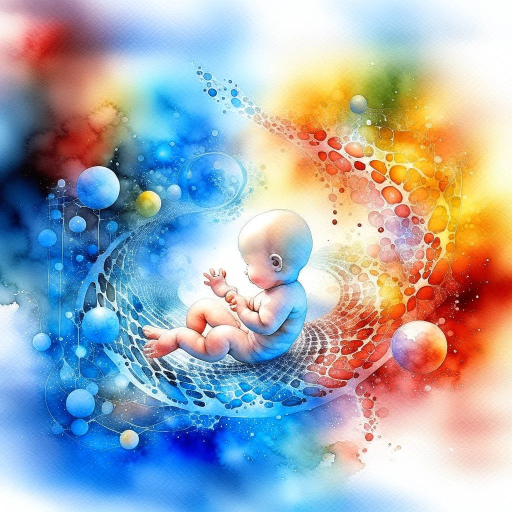 Inspiration from Nomeradona On Playground Life begins. Quantum Serenity: A watercolor depiction of the conception of a baby, illustrating the interplay of microscopic quantum particles and DNA at the molecular level, embodying calmness in action.”