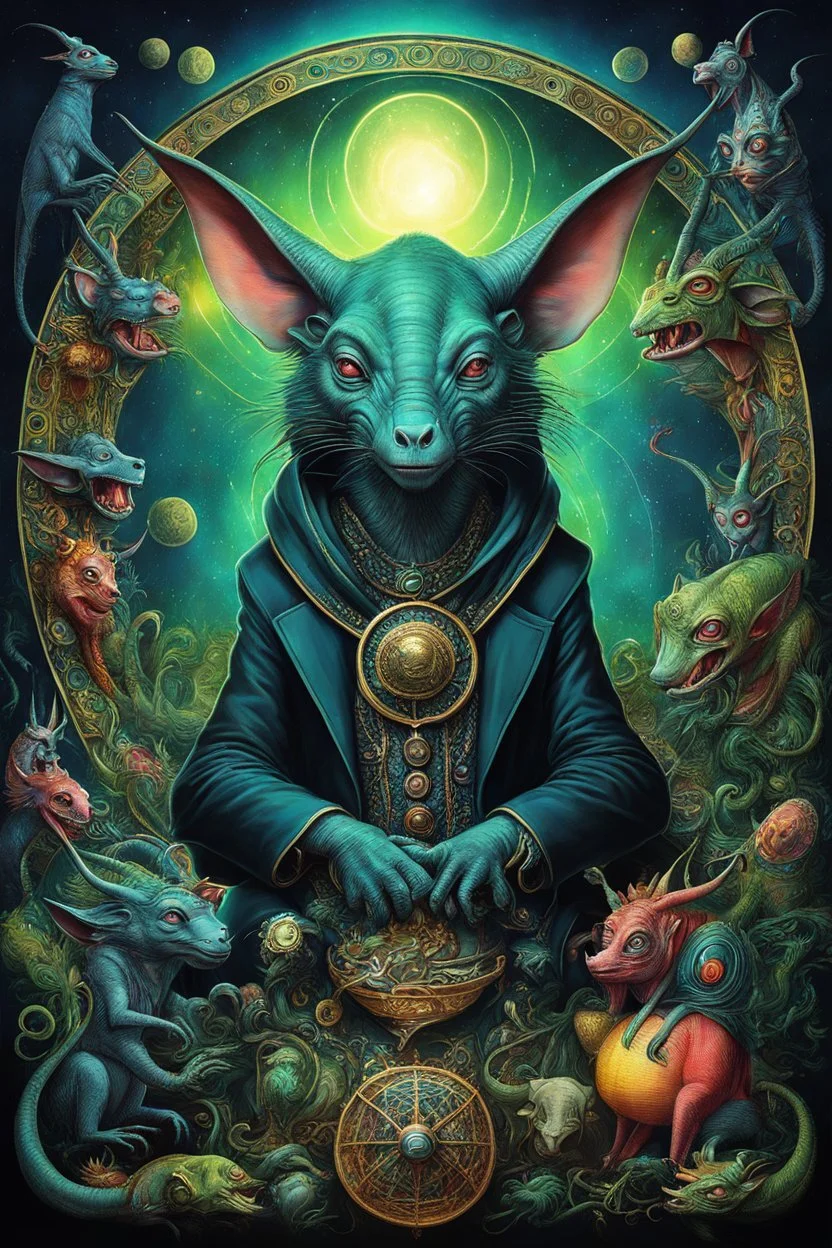 The modern alien rich greedy beast, Bosch painting style, fine lines draw