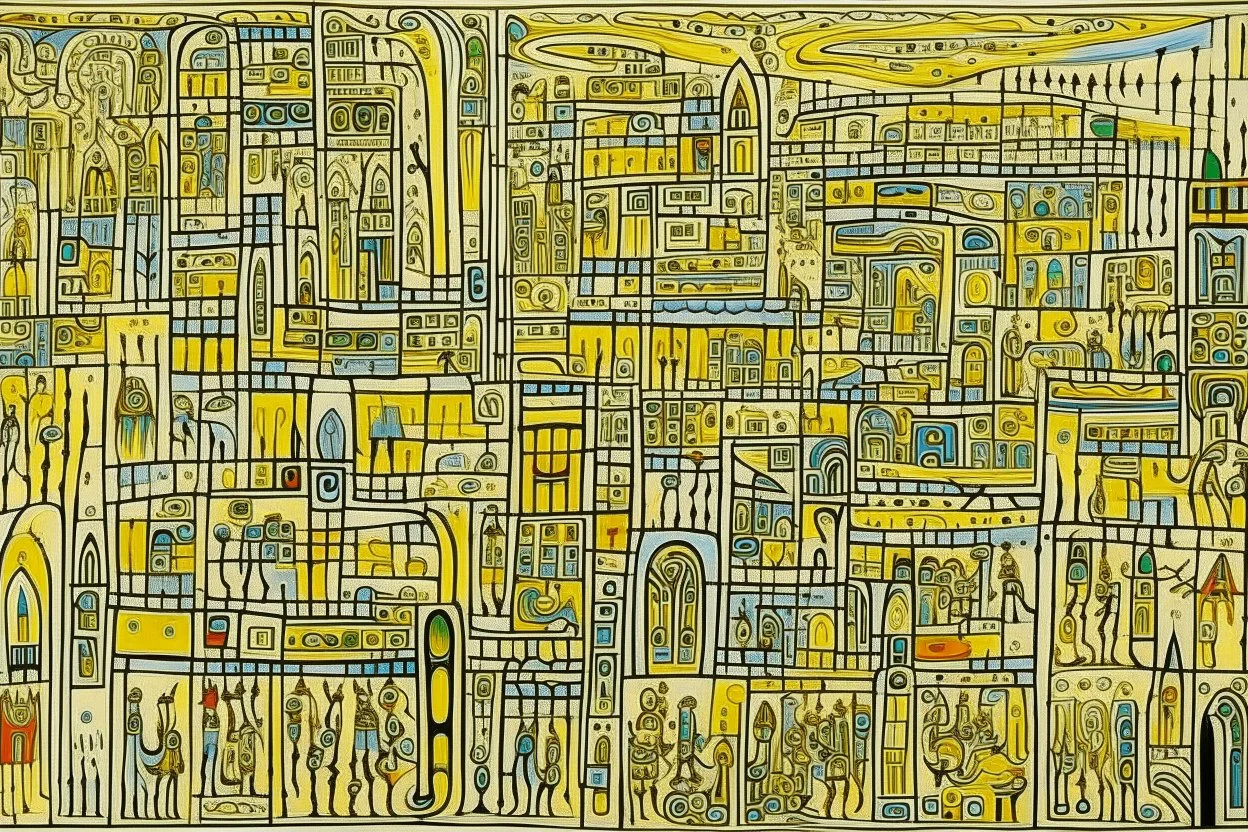 A light yellow electrical Egyptian city designed in Australian aboriginal art painted by Jackson Pollock