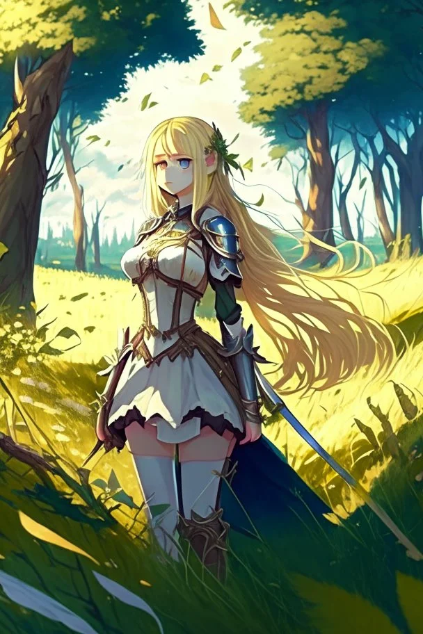 Anime, blonde girl in medieval clothing in large field in the middle of the forest, HD, extreme detail