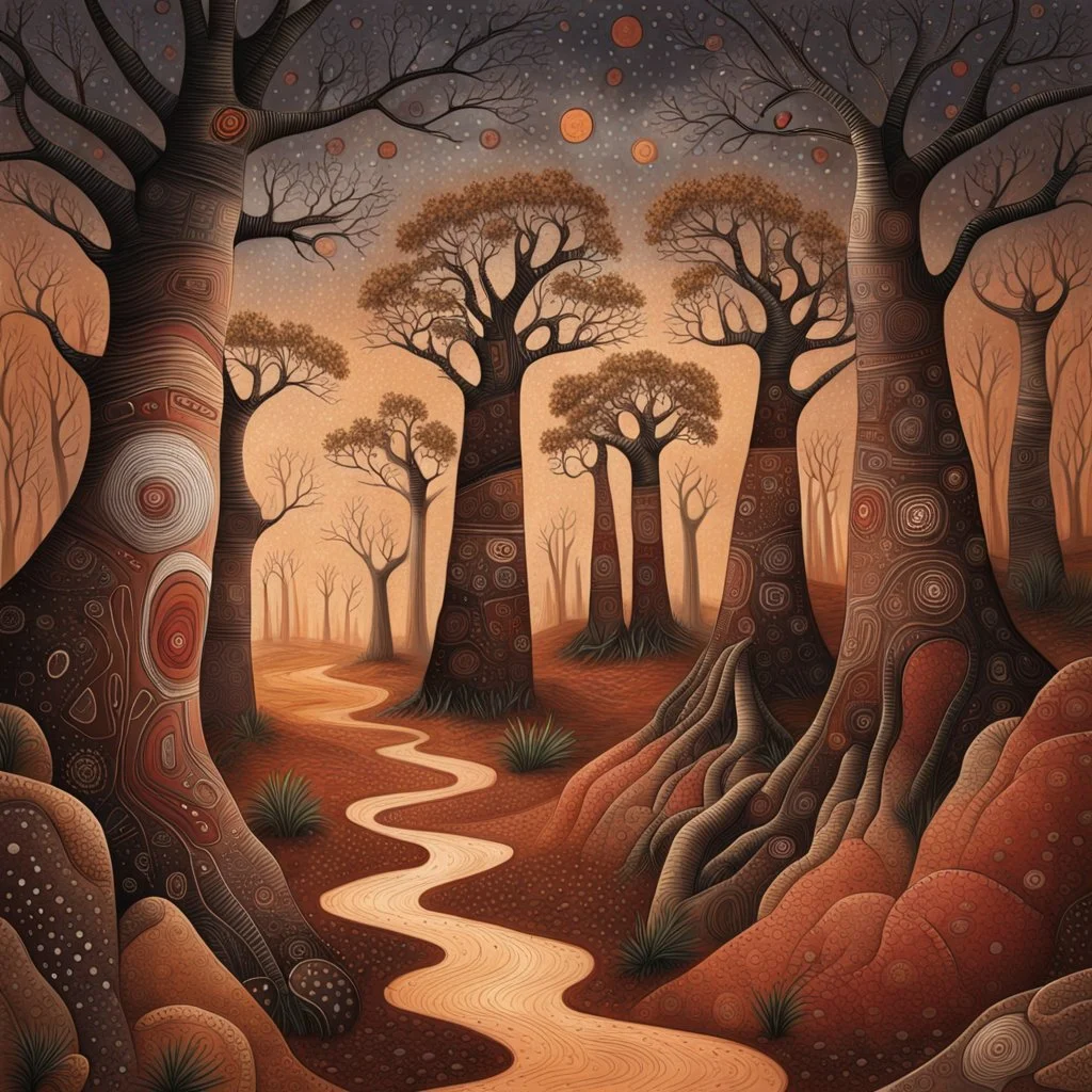 Aboriginal art of Boab Tree in the Australian outback, earthy colours of dark reds and browns , Aboriginal patterns and dots and symbols