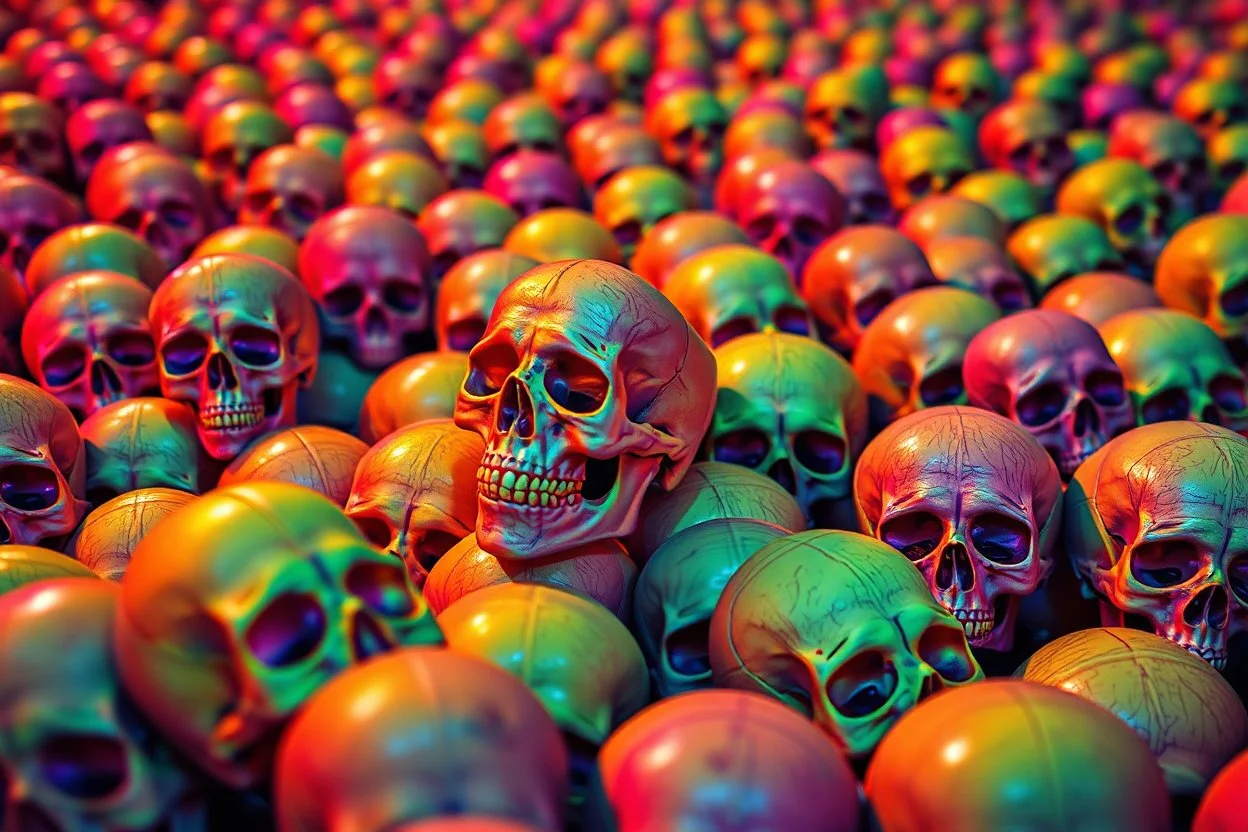 a field of 1000s of psychedelic anatomically correct, skulls, vivid RANDOM BRIGHT neon colors, dark comedy, well lit, high detail, photorealistic, horrorcore, fun, scary, none featured, each a different color or hue,