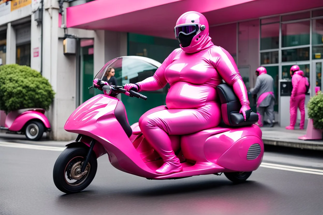 Hyperrealistisch stämmige, üppige Frau völlig verhüllt von pinkfarben glänzendem Ganzkörper-Zentai mit geschlossenem Visier in pinkfarbenem, geschlossenem Helm steuert pinkfarbenen Elektroroller mit extrem fettem Mann in identischer Kleidung als Beifahrer hinter sich